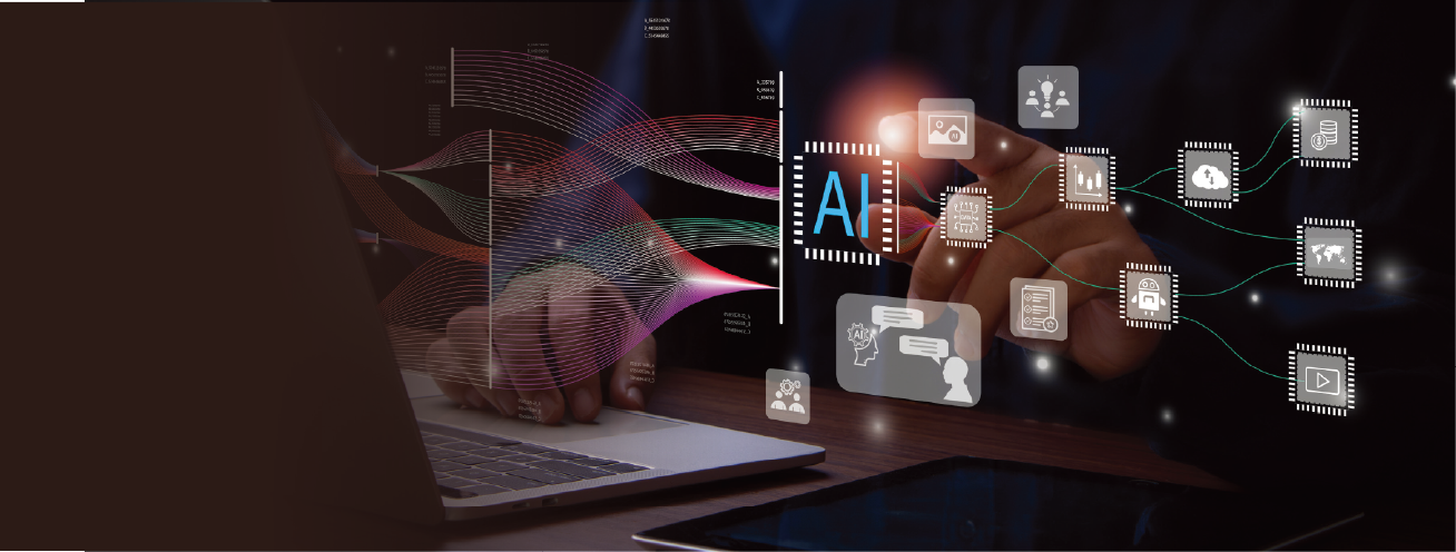 AI 자동화 스마트 시스템 배경 - 노트북과 AI 칩 아이콘 인공지능 기술